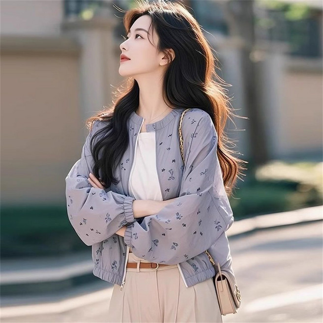 TKX 여성 봄 여름 얇은 자외선 차단 재킷 라운드넥 프린트 캐주얼 루즈핏 긴팔 집업 휴가 야외 데일리