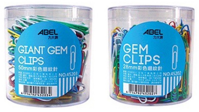 ABEL力大牌 事務圓筒系列 45202彩色迴紋針(28mm) / 45203彩色特大迴紋針(50mm)45202彩色迴紋針(28mm), 1個, 500個