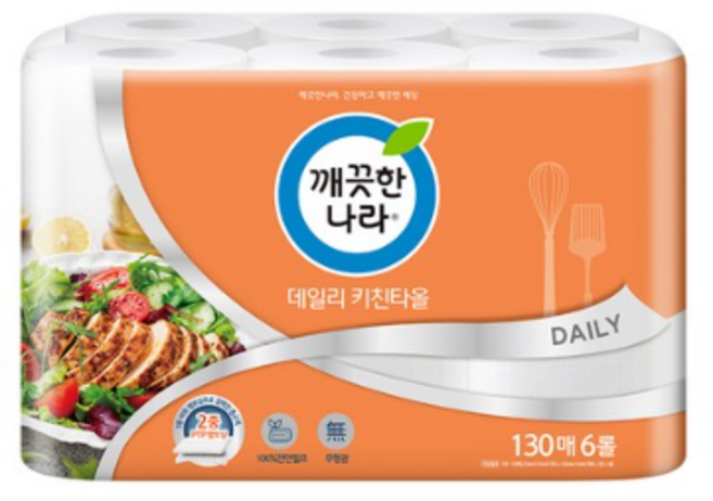 깨끗한나라 데일리 천연펄프 키친타월, 130매, 12개
