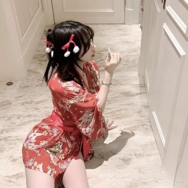 아이마이럽 귀여운 벚꽃토끼 리본 드레스 풀패키지 실크 일본 전통의상 졸업사진 꽃무늬 미니 가운 슬립 섹시 기모노 / 유카타 코스튬 코스프레