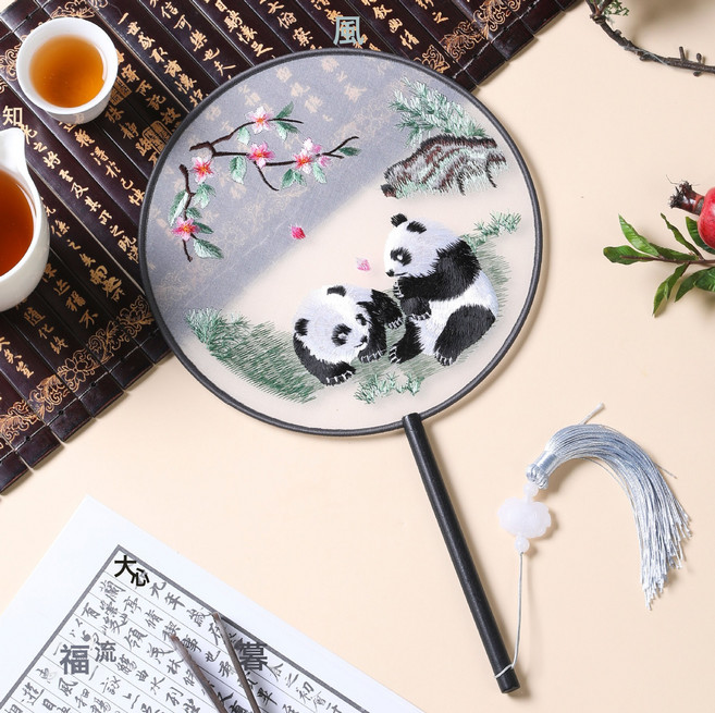 DIU 夏季新古風扇子蘇州雙面刺繡團扇舞蹈用國風漢服旗袍圓扇中國風, 1個, 刺繡扇-桃花熊貓:如圖