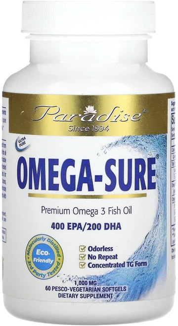 파라다이스 허브 오메가 슈어 프리미엄 피쉬 오일 1000 mg 60 페스코 베지소프트젤, 60정, 1개 - 쿠팡