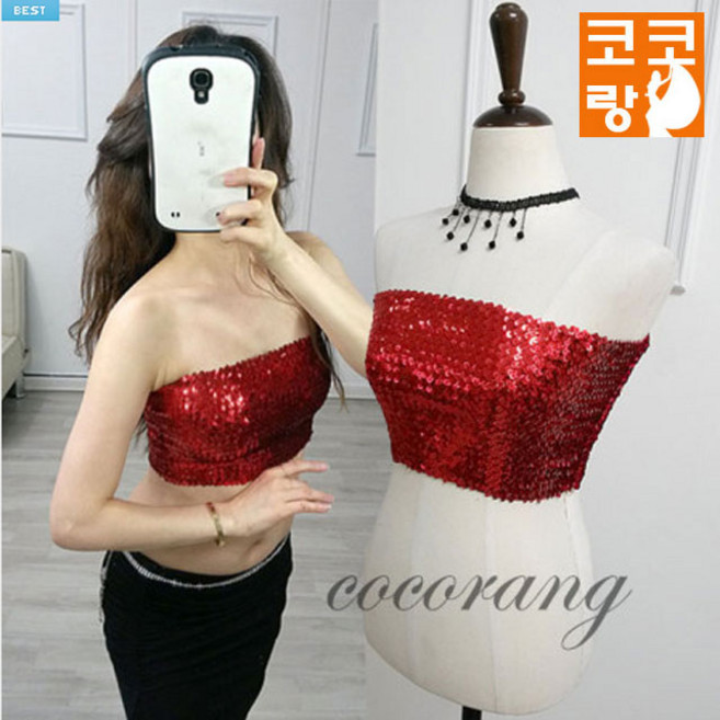 스팽글튜브 탑 성인 밸리댄스복 벨리 상의 라인 라틴, 골드