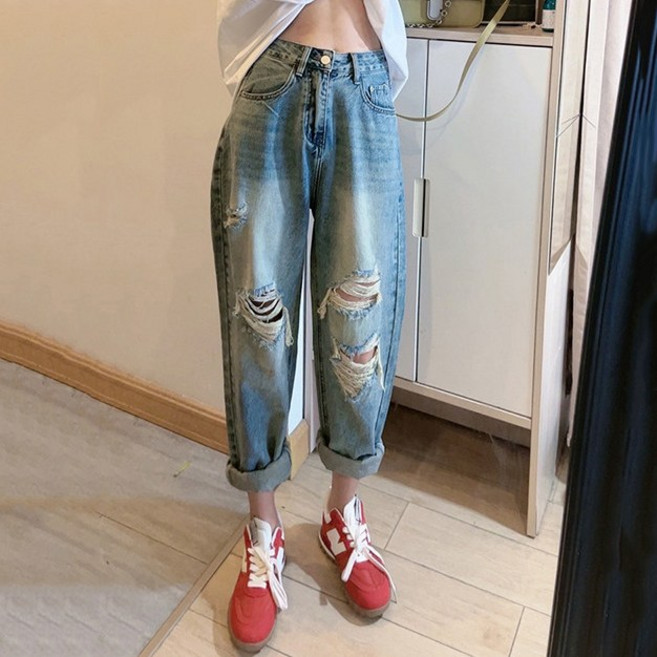 다중성 여성용 빅사이즈 하이웨스트 찢어진 청바지 루즈핏 9부 데님 팬츠