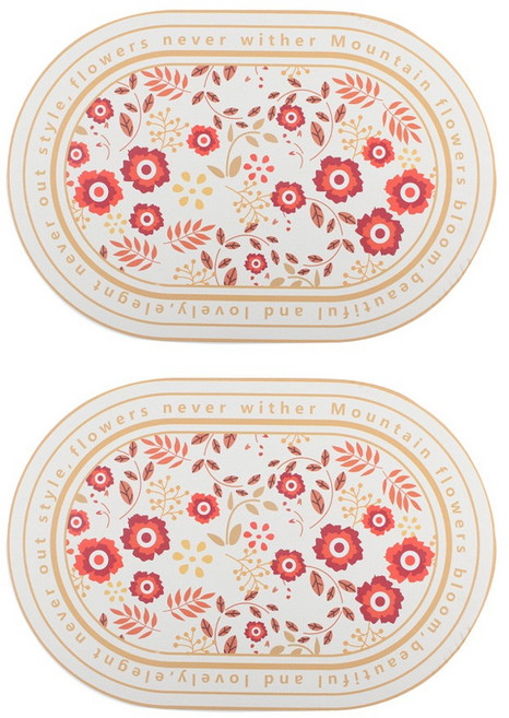 1+1 빨아쓰는 규조토 발매트 세트 플라워 패턴 폭신 물흡수 매트 인테리어 발판 받침 반원형 타원형 현관 욕실 주방 화장실 소품, 2개입, R99717A(타원형 오렌지플라워, 1세트