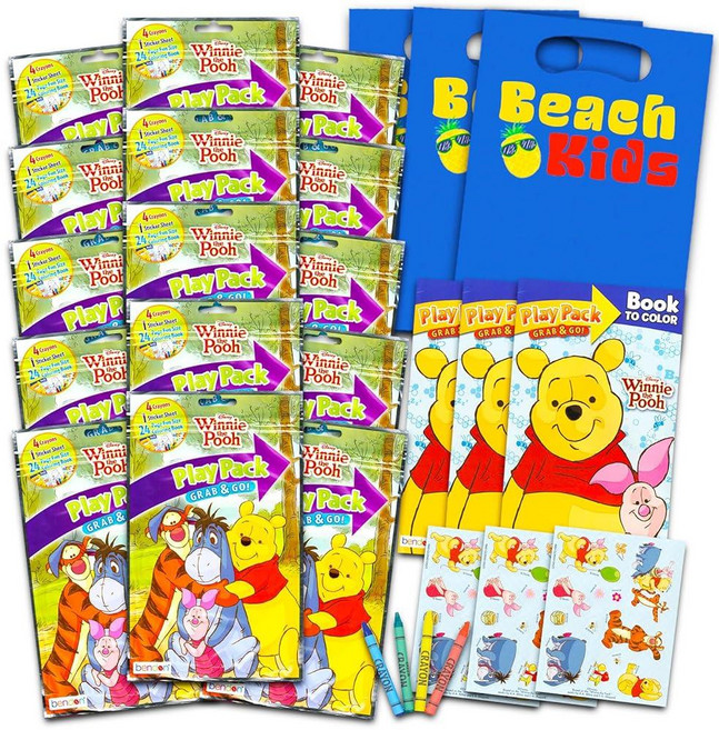 Bendon Publishing Winnie the Pooh 아동용 플레이 팩 번들 - 컬러링 북 크레용 스티커 도어 행거 및 스탬퍼가 포함된 재미있는 파티 선물, Bendon Publishing Winnie the P