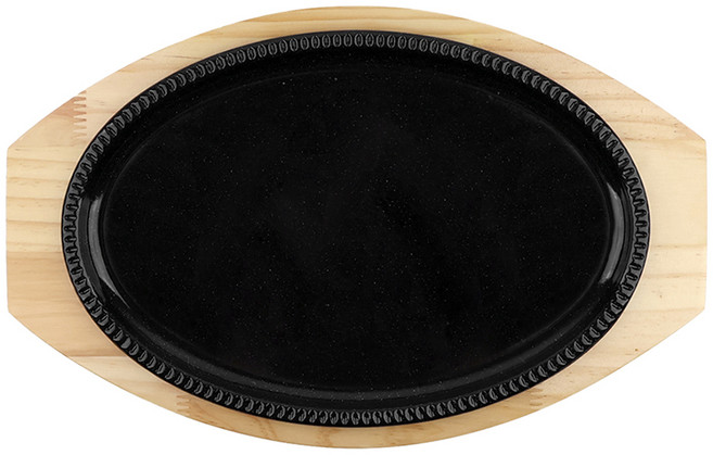 키친왕 업소용 맥반석코팅 타원 무쇠주물팬+목판 세트, 1개, 블랙+라이트브라운