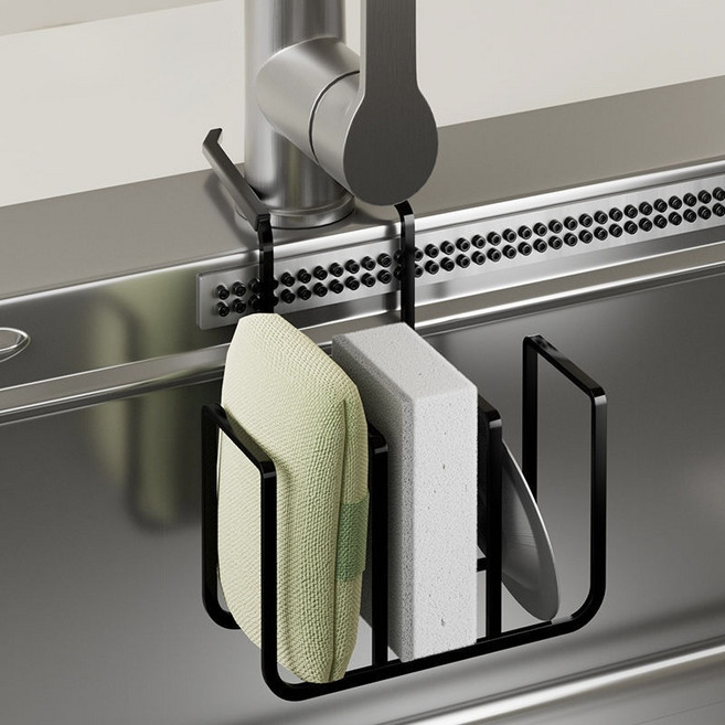 신테리어 싱크대 수세미 거치대 물빠짐 무타공 위생관리 주방정리 수전 수세미걸이 받침, 1개, 블랙