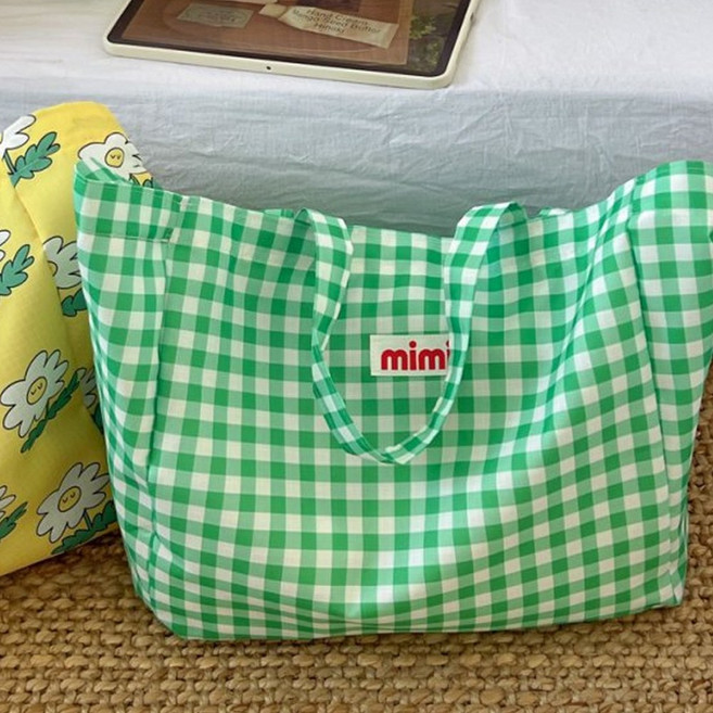 후암마켓 피크닉 도시락 간식 방수 토트백 에코백 다용도 비치백, 녹색체크, 1개