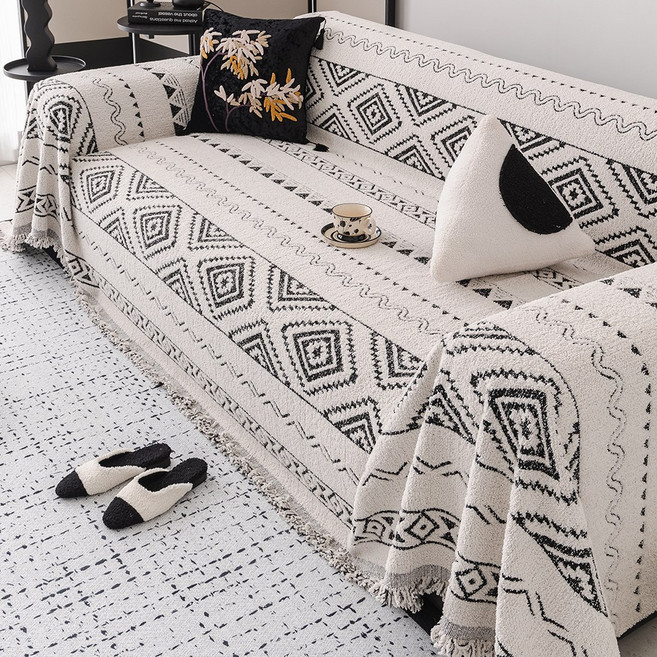 보헤미안 스타일 소파 타월 일체형 전체 커버 사계절용 소파 매트 커버 논슬립 방석 고양이 긁힘 방지, 1개, 하양