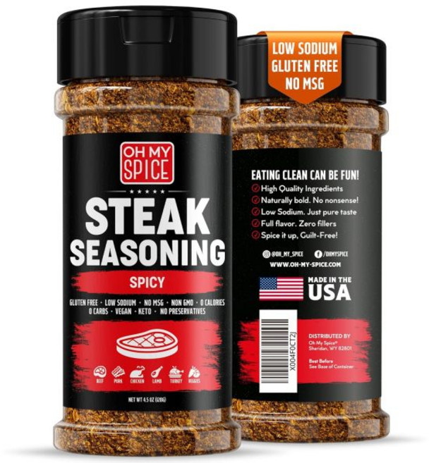 Oh My Spice 시즈닝 가루 양념 스테이크 양파 믹스 글루텐 프리 및 저나트륨 육류 소 립아이 토마호크 뉴욕 스트립용. 그릴용 시즈닝. 마리네이드. 소금 블렌드. 4.7온, 매운, 4.5 온스 (1팩), 1개