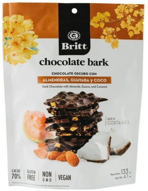 Britt 초콜릿 코팅 아몬드 구아바 코코넛이 들어간 다크 바크 글루텐 프리 비건 비변형 70% 카카오 코스타리카 프리미엄 풍부한 고급 간식으로 이국적인 열대 과일과 견과류 포, 코코넛, 작은