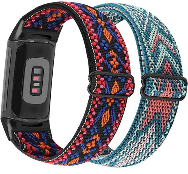 아바넌 2개 세트 탄성 밴드 피트니스 디바이스용 Fitbit Charge 6 5 부드러운 나일론 신축성 자수 루프 통기성 손목밴드 스트랩 조절 가능한 버클 고급 트래커용, Blue Pink- Red Orange, Abanen 파란색 분홍색 - 빨간색 주황색