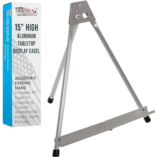 U.S. Art Supply 페인팅용 38.1cm(15인치) 알루미늄 테이블 탑 이젤 - 실버 경량 휴대용 삼각대 아트 이젤 스탠드 사인 디스플레이 페인팅 캔버스 및 화이트, 1