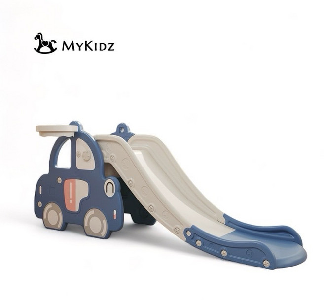 MyKIDZ 恐龍溜滑梯搖搖馬 兒童室內滑梯 封閉式樓梯 安全穩固 可折疊收納 附籃球框 藍色 157x68x64公分, 1個