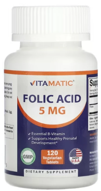 비타매틱 폴릭 애시드 5mg 베지테리언 타블렛, 1개, 120정 - 쿠팡