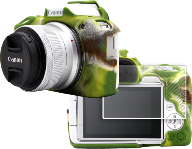 CANON EOS R50 카메라 하우징 범퍼 케이스 + 액정 방탄유리 필름, 카모