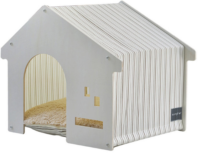 감성스터프 강아지집 애견하우스 원목 화이트 중형, 브라운 스트라이프, 1개