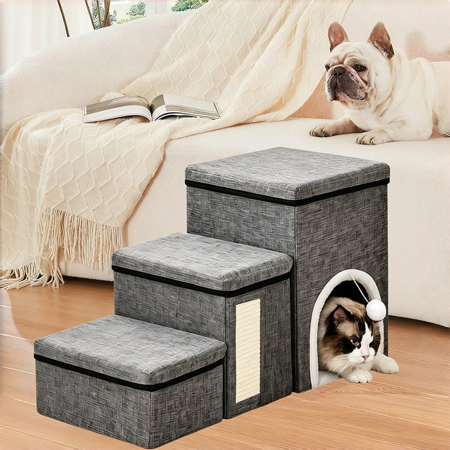 강아지 수납형 침대 3단 계단 접이식 고양이계단 논슬립 애견 소파 스텝 접이식 하우스, 1개, 그레이