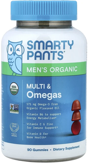 단백질 비타민 철분 마그내슘 칼슘 SmartyPants 유기농 남성용 멀티 & 오메가 구미젤리 라즈베리 오렌지 체리 맛 유기농 구미젤리 90개 고루고루섭취해주세요, SmartyPants유기농남성용멀티오메가구미젤리라즈베리, 1개 - 쿠팡