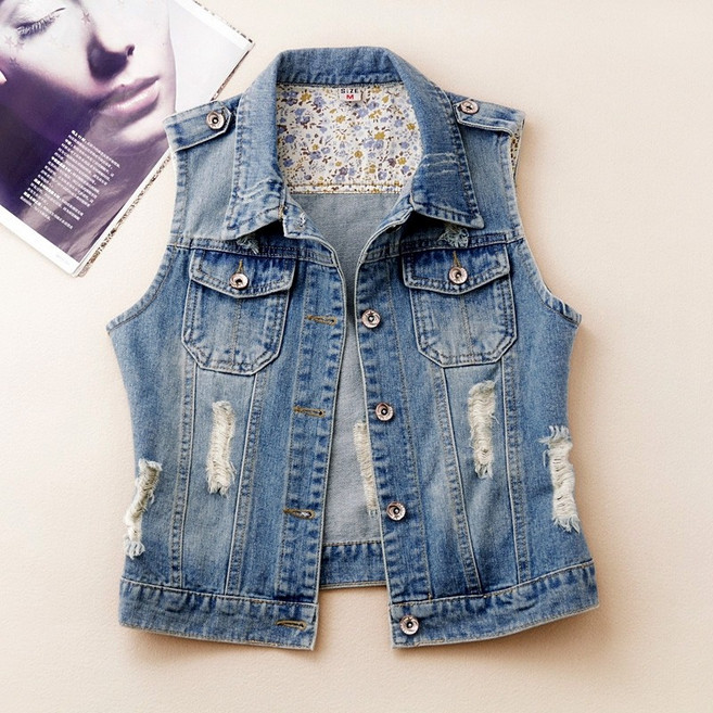여성용 봄 여름 빅사이즈 숏 청조끼 워싱 디스트로이드 민소매 재킷 데님 베스트