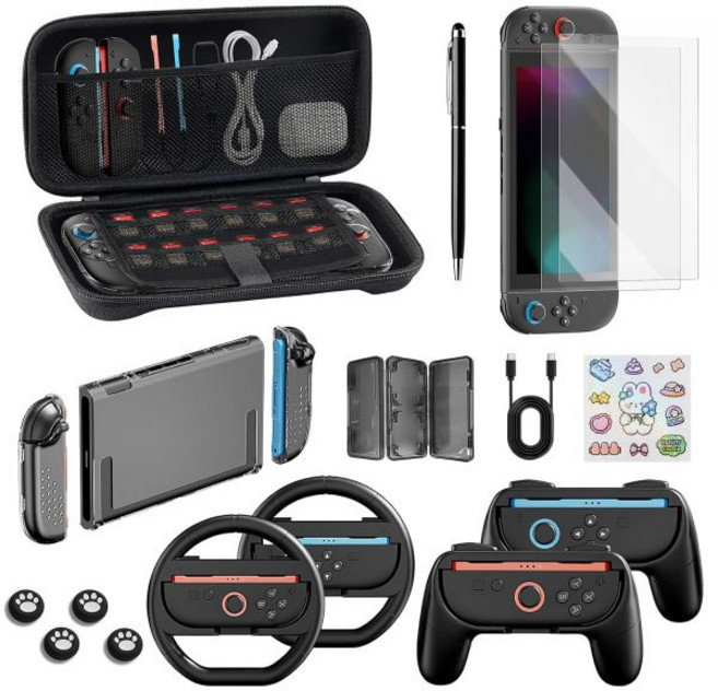 닌텐도 스위치 2 액세서리 18in1 번들 세트 게이머용 휴대 케이스 화면 보호필름 조이콘 그립 스티어링 휠 스타일러스 콘솔 보호 커버 포함, 닌텐도 스위치 2 액세서리 18in1 번들 세트 게이머
