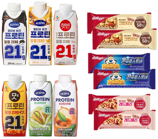 얼티브 프로틴 당류제로 6종 각 1P(총6P) + 켈로그 에너지바 3종 각 2P(총6P)