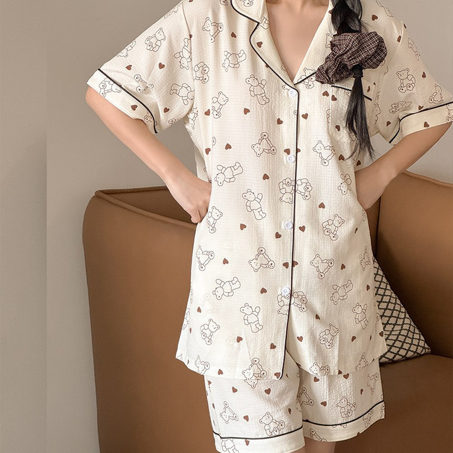 MARIQUE 여성 소프트 반팔 카라 파자마 수면 잠옷