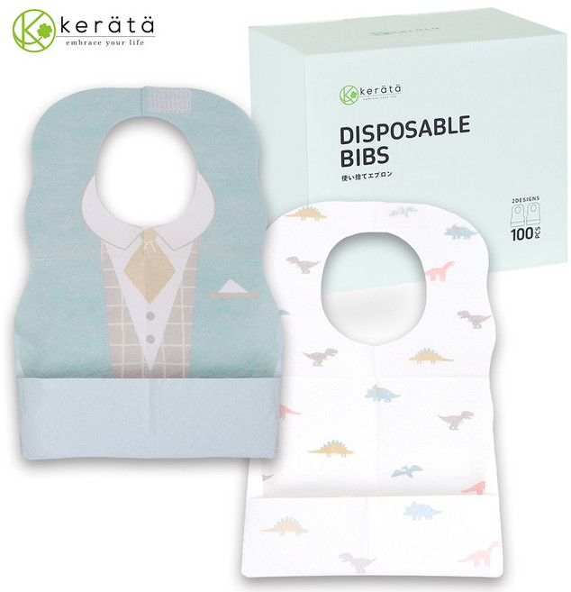 케라타 유아용 일회용 방수 턱받이 개별포장, 1개, 100매, 수트&공룡 혼합.