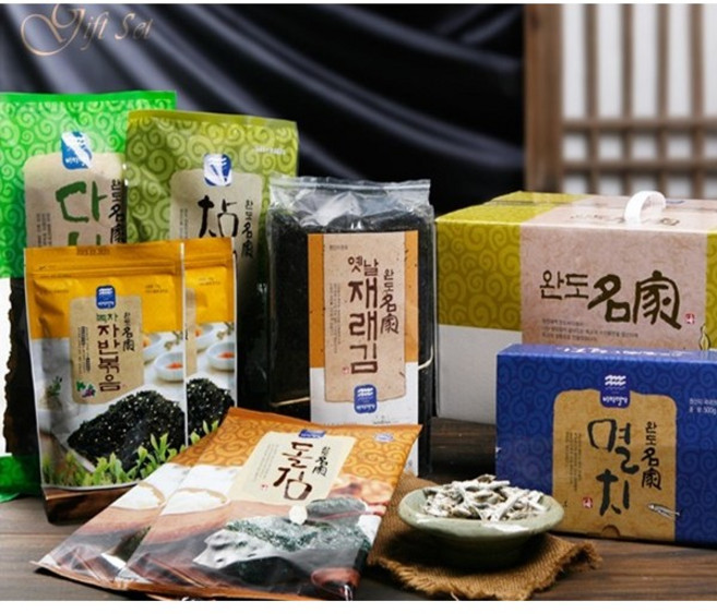완도명가귀한특선선물세트3호(대멸치400g 지주식재래김100장 지주식돌김구이김7매x2봉 녹차자반볶음70gx2봉 건다시마200g 참미역100g), 400g, 1개