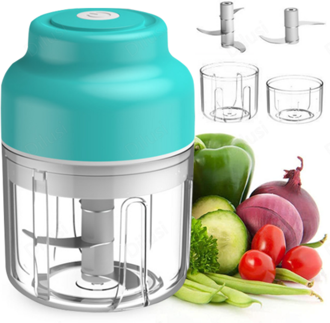 미니 다지기 야채 고기 이유식 무선 전동 마늘파쇄기 3중칼날 대용량250ml + 100ml용량 컵 + 2중칼날, 노란색, 1개