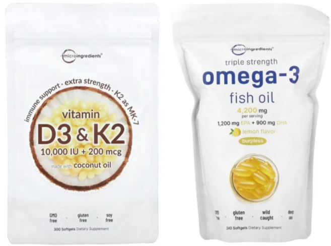 Micro Ingredients 지용성 비타민D3K2 10000 IU 300정 & 오메가 240정 캡슐 세트 - 쿠팡