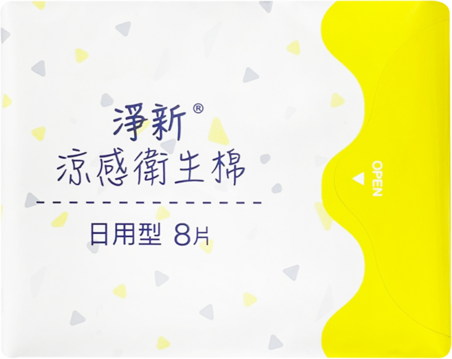 淨新涼感衛生棉日用型8片，舒緩悶熱，棉柔透氣，給妳清新舒適的生理期體驗, 1個, 8片, 日用