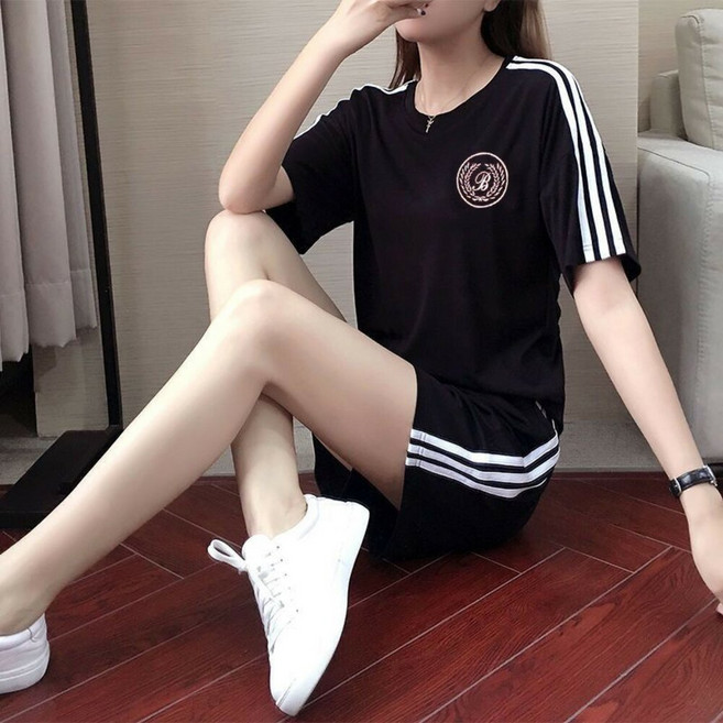 女夏天寬鬆運動休閒兩件式套裝