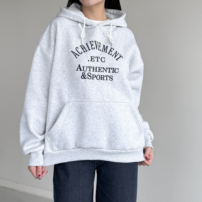 [행복여] 캐쥬얼 자수 레터링 루즈핏 기모 후드 티셔츠