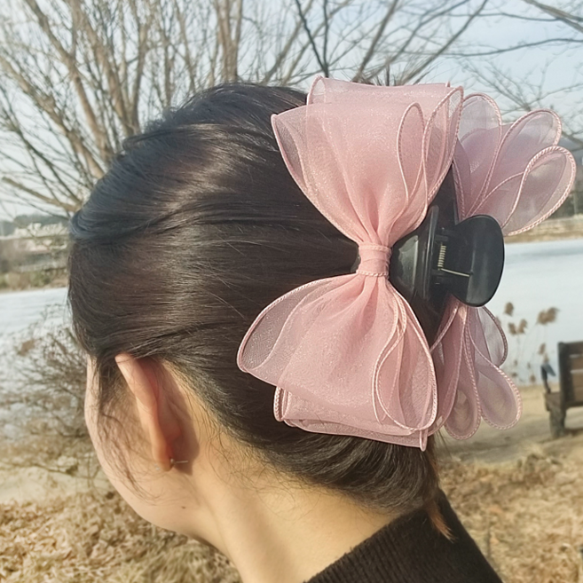 바이진주리본 노방 시스루 올림머리 왕리본 집게핀 12cm 대형