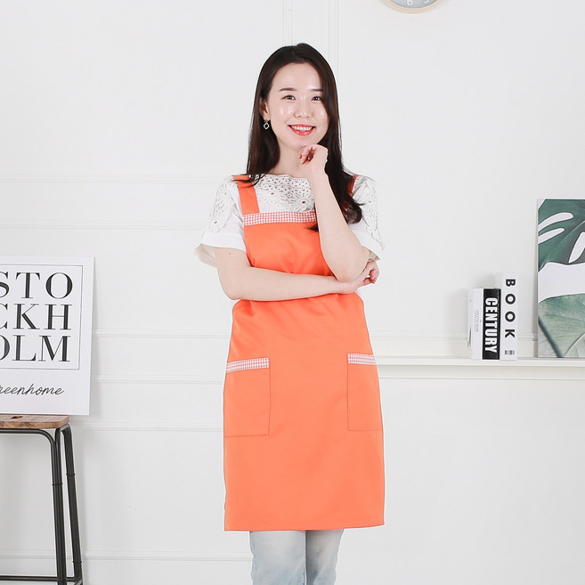 클린유니폼 주방 공방 카페 식당 방수 바리스타 서빙용 단체 행사 기본 민자 미용실 체크무늬 배색 식당 앞치마 4컬러, 오렌지, 1개