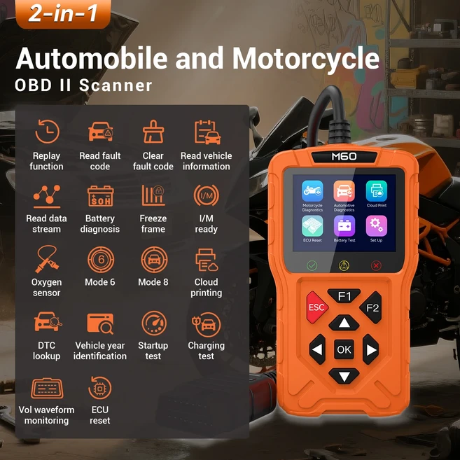 탑다이아그 M60 OBD2 스캐너 오토바이 및 차량용 고장 코드 판독기 무료 ECU 리셋 자동차 DTC 조회 진단 도, 02 M60-Orange