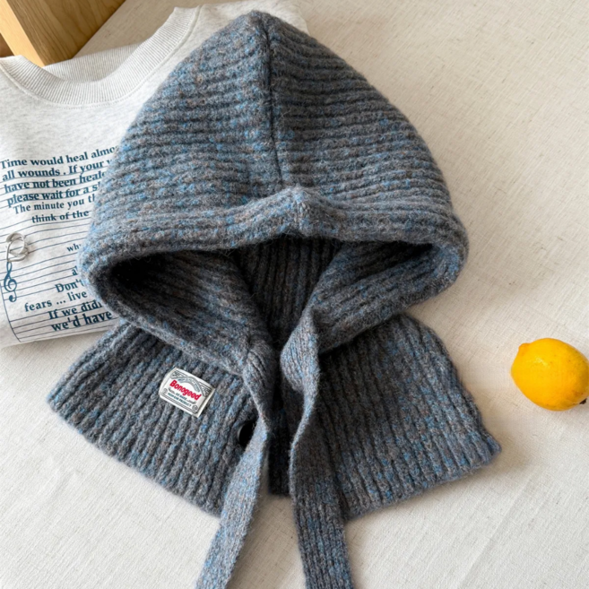 HALOPICK 빅사이즈 니트 스트링 후드 넥워머 뒷트임 바라클라바, 그레이블루, 1개