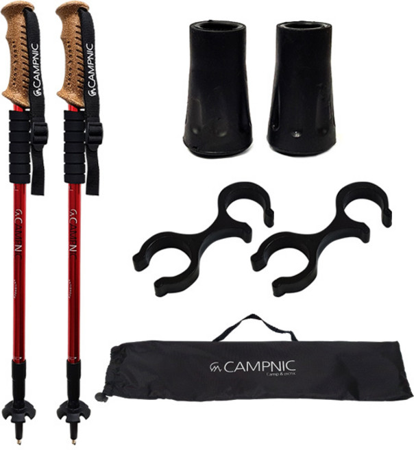 CAMPNIC 초경량 3단 두랄루민 등산스틱 2개(1SET) + 연결고리 + 촉마개 + 파우치 길이조절 트레킹 등산장비 산악 워킹 지팡이 폴, 1세트, 레드