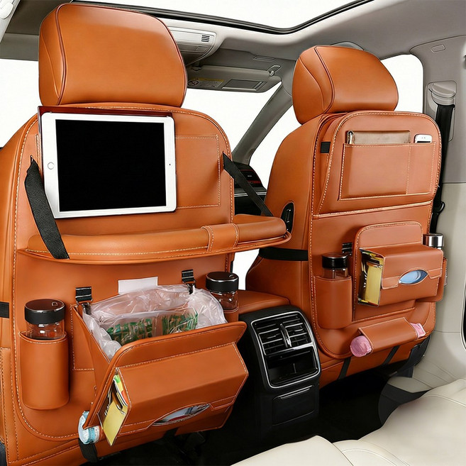 슈퍼인 가죽 자동차 테이블 차량용 폴딩 시트백 트레이 다용도 차량수납, 브라운, 1개