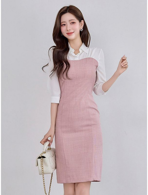 모리스커밍홈 배색 카라 슬림라인 원피스 M2604OP039B