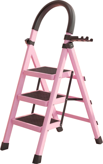 粉色摺疊人字梯 家用梯凳 多功能梯子 加厚防滑 櫻花粉 三步梯 可折疊收納贈工具架組, 1個
