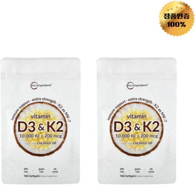 1+1 마이크로인그리디언츠 비타민D3 비타민K2 10000IU 소프트젤 180정, 2개