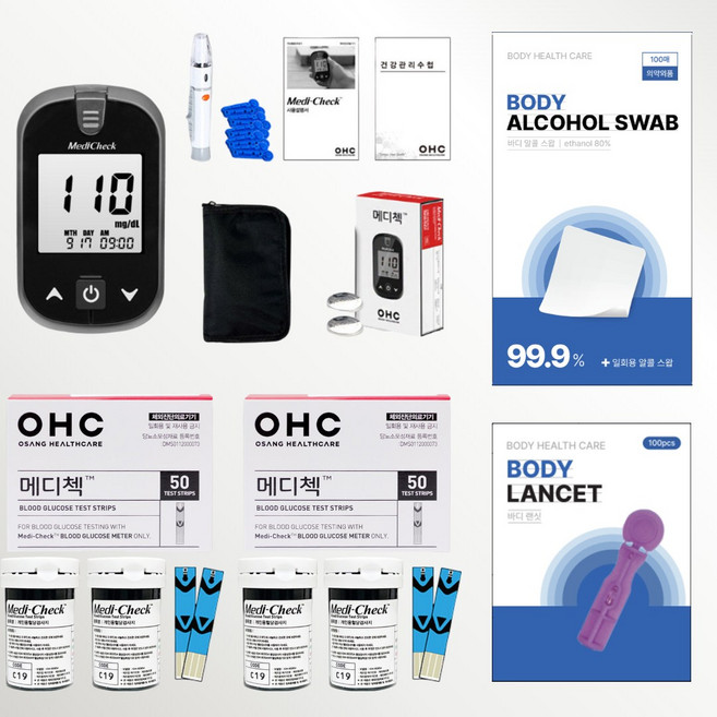 오상헬스케어 메디첵 혈당측정기 시험지100매+솜100매+침100개 당뇨 당 체크기 검사기, 메디첵 혈당계+시험지100매+솜100+침100