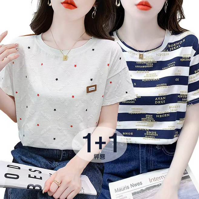 류룡 1+1 여성용 여름 라운드 프린트 반팔티셔츠 2P