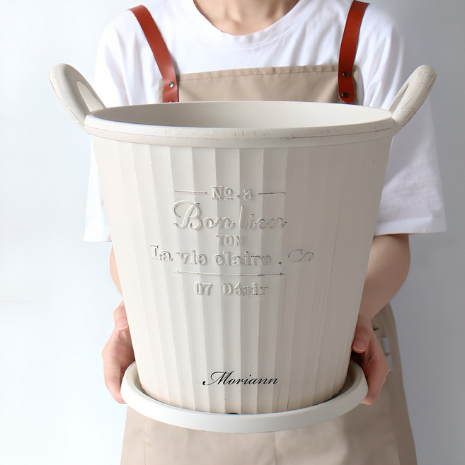 모리앤 본리앙 핸들 빈티지 플라스틱 화분 원형 3027 + 받침 세트, 베이지, 1개