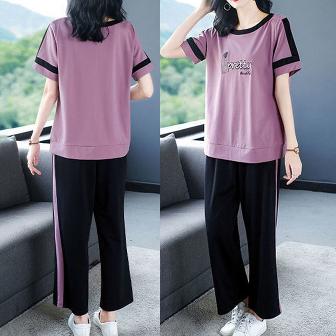 중년여성 운동복세트 퍼플 반팔티셔츠 + 와이드 밴딩 운동바지 루즈핏 L-5XL 100KG까지 편하게 4050대 트레이닝복 상하투피스