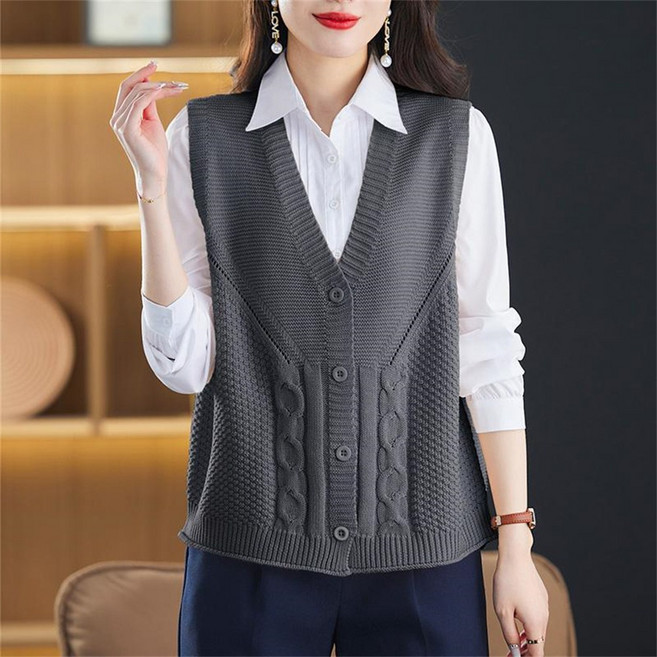 TKX 여성용 니트 조끼 V넥 앞단추 봄 가을 겨울 간편한 스타일 패션 고급 사무실룩 중년여성용 K35