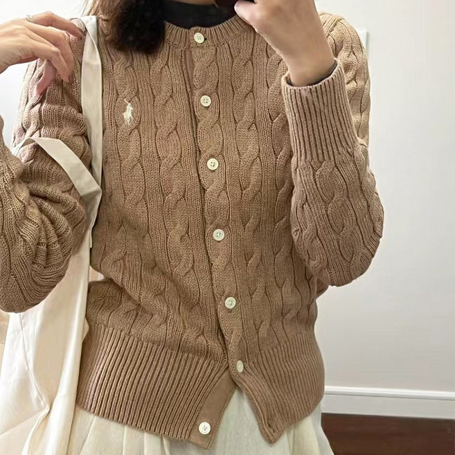 폴로랄프로랜 여성 케이블 면 카디건 꽈배기 니트 브라운